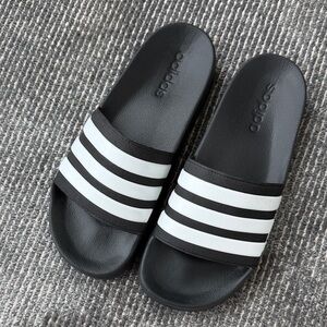 Adidas Black and White Striped Slides